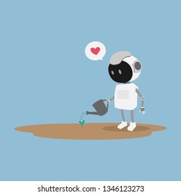 Vector a white robot character watering a tree on a blue background.