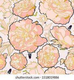Vector white romantic elegant festive peony botanical pattern, modern peony blossom in pastel tones. With butterfly, ladybug and caterpillar. For wallpaper, stationary, event, wedding, fashion.