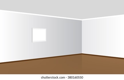 Vector White Room and brown floor Interior in Minimal Style with Empty Wall Background and picture frame hanging on