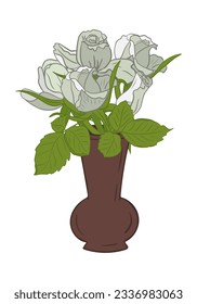 Vector white roses bouquet in ceramiv vase. Isolated flat colored outline composition on white background. Unique floral illustration. Perfect for greeting card, invitation, banner, social media post