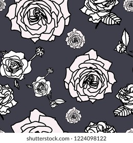 Vector white roses on grey backround seamless repeating pattern
