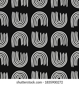 vector white rough horseshoe lines brush stroke seamless pattern on black