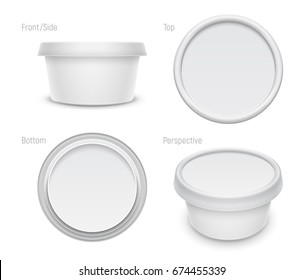 Vector white round container for cosmetics cream, butter or margarine spread. Top, bottom, front and perspective views isolated over the white background. Packaging template illustration.