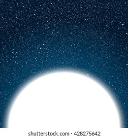 Vector white round frame. Stars on the dark blue sky. Starry night sky.