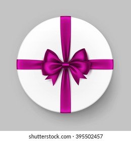 Vector White Round Gift Box with Shiny Magenta Dark Pink Purple Satin Bow and Ribbon Top View Close up Isolated on Background