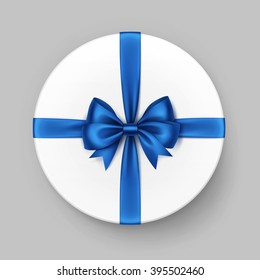 Vector White Round Gift Box with Shiny Blue Satin Bow and Ribbon Top View Close up Isolated on Background