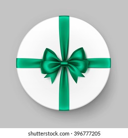 Vector White Round Gift Box with Shiny Bright Green Emerald Satin Bow and Ribbon Top View Close up Isolated on Background
