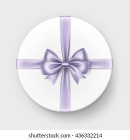 Vector White Round Gift Box with Shiny Light Violet Lilac Satin Bow and Ribbon Top View Close up Isolated on Background