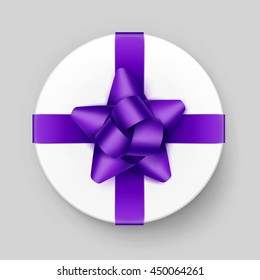 Vector White Round Gift Box with Shiny Purple Violet Bow and Ribbon Top View Close up Isolated on Background