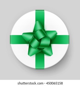 Vector White Round Gift Box with Shiny Green Emerald Bow and Ribbon Top View Close up Isolated on Background