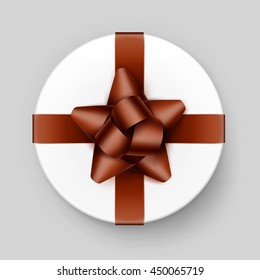 Vector White Round Gift Box with Shiny Brown Bow and Ribbon Top View Close up Isolated on Background