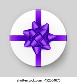 Vector White Round Gift Box with Shiny Purple Violet Bow and Ribbon Top View Close up Isolated on Background