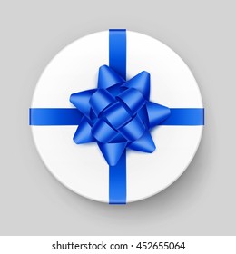 Vector White Round Gift Box with Shiny Blue Bow and Ribbon Top View Close up Isolated on Background