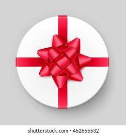 Vector White Round Gift Box with Shiny Red Scarlet Bow and Ribbon Top View Close up Isolated on Background