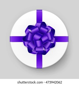 Vector White Round Gift Box with Shiny Purple Violet Bow and Ribbon Top View Close up Isolated on Background