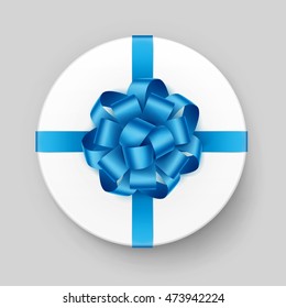 Vector White Round Gift Box with Shiny Light Blue Turquoise Azure  Bow and Ribbon Top View Close up Isolated on Background