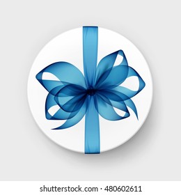 Vector White Round Gift Box with Transparent Light Blue Bow and Ribbon Top View Close up Isolated on Background