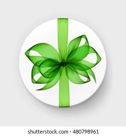 Vector White Round Gift Box with Transparent Light Green Bow and Ribbon Top View Close up Isolated on Background