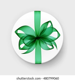 Vector White Round Gift Box with Transparent Green Emerald Bow and Ribbon Top View Close up Isolated on Background