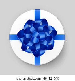 Vector White Round Gift Box with Shiny Blue Bow and Ribbon Top View Close up Isolated on Background