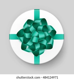 Vector White Round Gift Box with Shiny Green Emerald Bow and Ribbon Top View Close up Isolated on Background