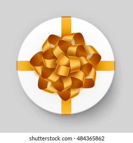 Vector White Round Gift Box with Shiny Yellow Golden Bow and Ribbon Top View Close up Isolated on Background