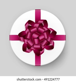Vector White Round Gift Box with Shiny Magenta Dark Pink Burgundy Bow and Ribbon Top View Close up Isolated on Background