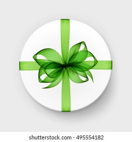 Vector White Round Gift Box with Transparent Light Green Bow and Ribbon Top View Close up Isolated on Background