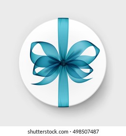 Vector White Round Gift Box with Transparent Light Blue Turquoise Bow and Ribbon Top View Close up Isolated on Background