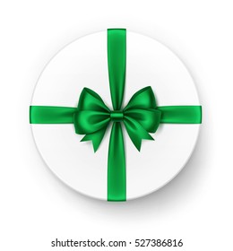 Vector White Round Gift Box with Shiny Bright Green Satin Bow and Ribbon Top View Close up Isolated on White Background