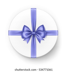 Vector White Round Gift Box with Shiny Light Blue Violet Satin Bow and Ribbon Top View Close up Isolated on White Background
