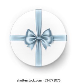 Vector White Round Gift Box with Shiny Light Blue Satin Bow and Ribbon Top View Close up Isolated on White Background