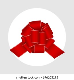 Vector White Round Gift Box with Shiny  Red  Satin Bow and Ribbon Top View Close up Isolated on Background