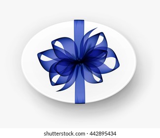 Vector White Round Oval Gift Box with Transparent Blue Bow and Ribbon Top View Close up Isolated on Background