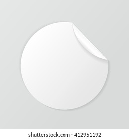 Vector white round paper sticker with edge curl isolated on white background. Clear white image. EPS 10.