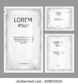 Vector white sachet, foil bag paper mockup. Realistic illustration glossy blank cosmetics hygiene shampoo soap wet wipes pouch medicine packaging. Food coffee tea salt sweets design container template