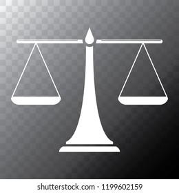 Vector white scales or libra Icon isolated on transparent bacground. Symbol of justice, lawyer or judgment