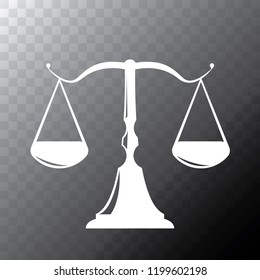 Vector white scales or libra Icon isolated on transparent bacground. Symbol of justice, lawyer or judgment