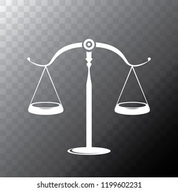 Vector white scales or libra Icon isolated on transparent bacground. Symbol of justice, lawyer or judgment