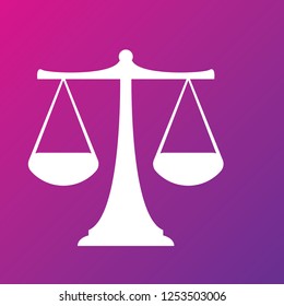 Vector white scales or libra Icon isolated on pink bacground. Symbol of justice, lawyer or judgment