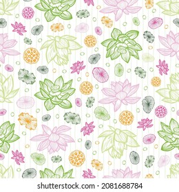 Flores de loto coloridas esparcidas de color blanco vectorial y colmillos de colmenas de lirio de agua repiten el patrón con tiras tenues. Adecuado para textiles, envolvimiento de regalo y papel pintado.