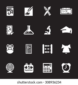 Vector white School icons set on black background