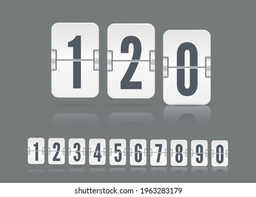 Vector white scoreboard numbers with reflections floating on different height for flip countdown timer or calendar on dark background. Template for your design.
