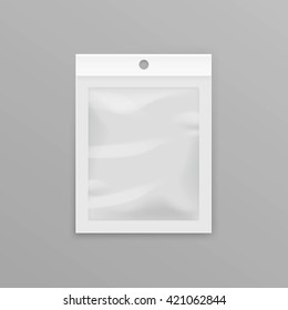 Vector White Sealed Empty Transparent Plastic Pocket Bag with Hang Slot Close up Isolated on Background