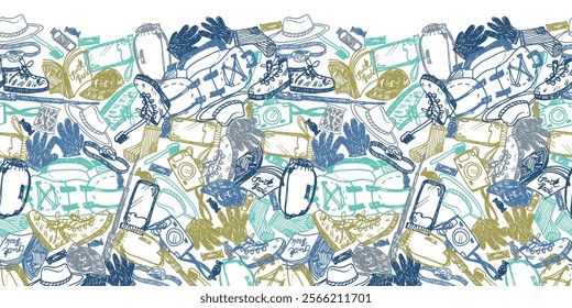 Vector white seamless chaotic overlap doodle sketch horizontal border pattern with objects for trekking and hiking. Suitable for posters and trekking brochures.