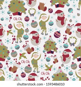 Vector white seamless pattern background with gnomes, snowman, socks and trees. Perfect for fabric and stationary projects.