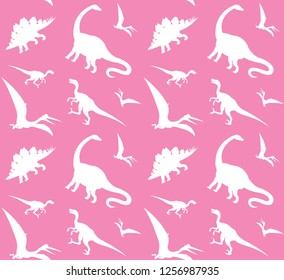 vector white seamless pattern of dinosaur silhouettes isolated on pink