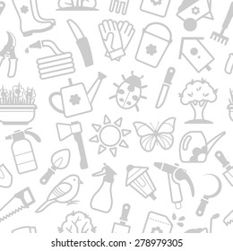 Vector white seamless pattern of garden tools and accessories