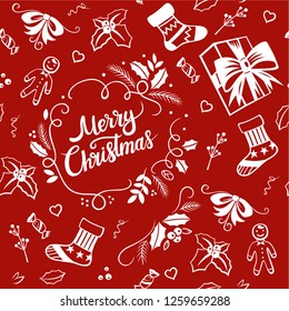 Vector white seamless pattern on a red background. Merry Christmas and New Year illustrations and lettering font composition. Gingerbread man holly sock needles candy gift and other