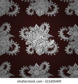 Vector white seamless pattern. Seamless pattern on brown background. Seamless white textured curls. White elements in oriental style arabesques.